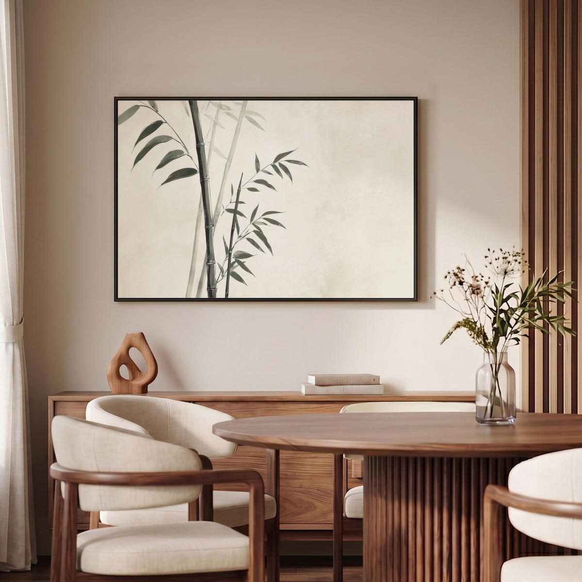 LEINWAND Bilder mit Rahmen - Japandi - Bambus - Beige - 90x60 - Eukalyptusholzfarben, Textil (90/60cm) - MuchoWow