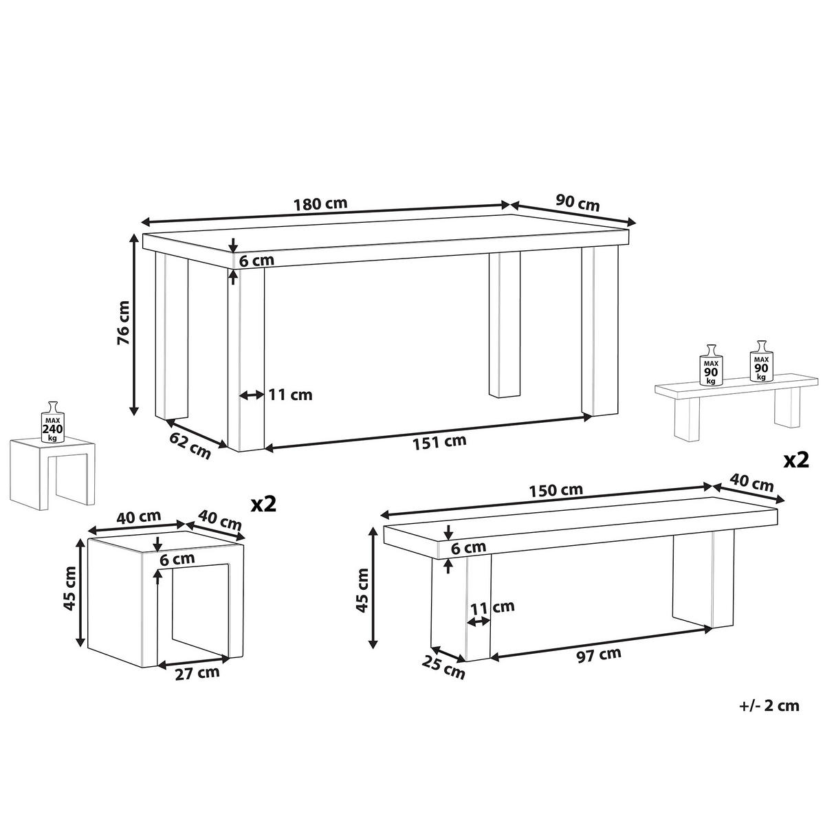 GARTENMÖBEL SET 6-Sitzer Beton grau 2 Bänke T-Form 2 Hocker Taranto - Grau, Stein - Beliani