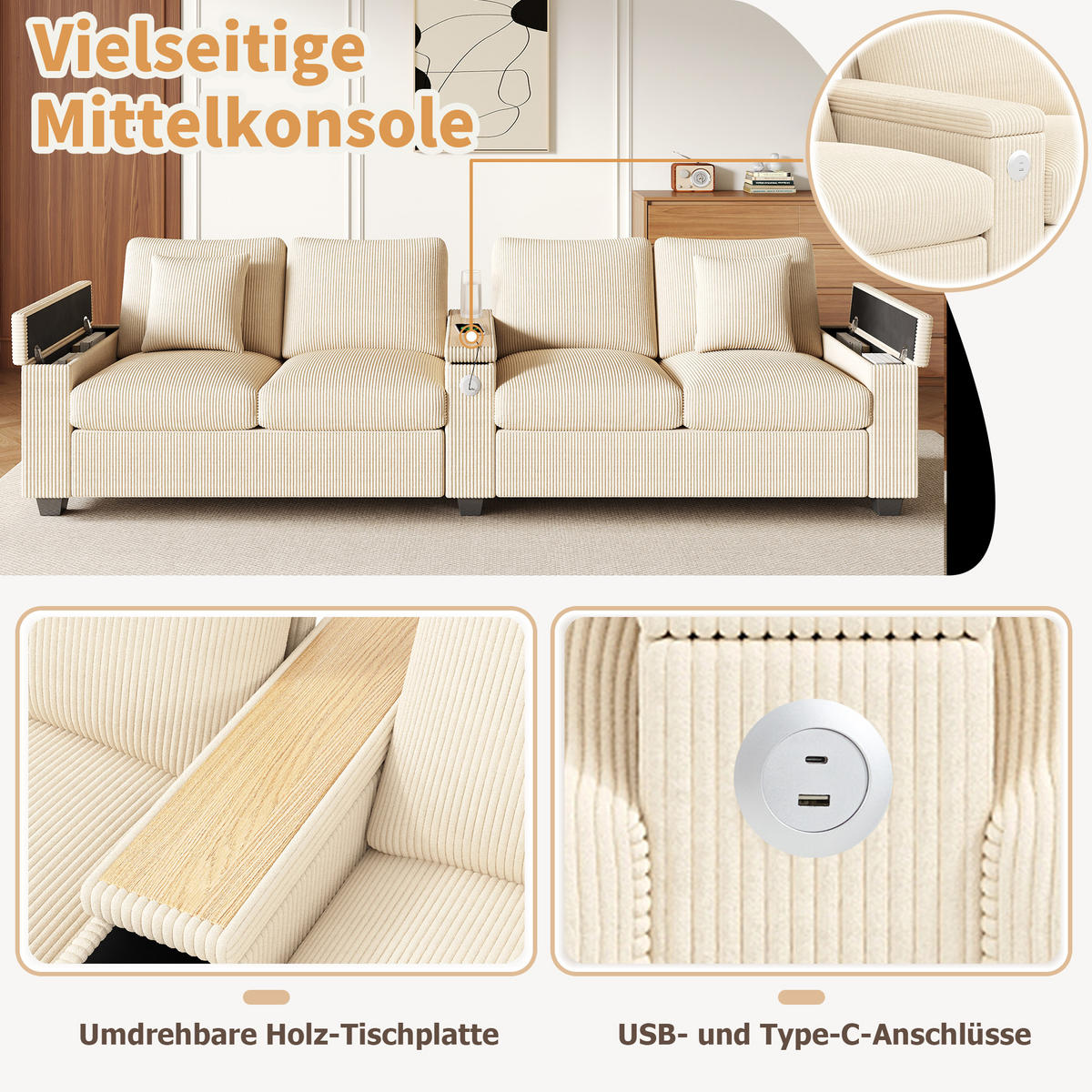 4-SITZER SOFA Cord Beige mit USB, USB-C und Stauraum - Beige, Holzwerkstoff/Kunststoff (299/82.7/80cm) - WISHDOR
