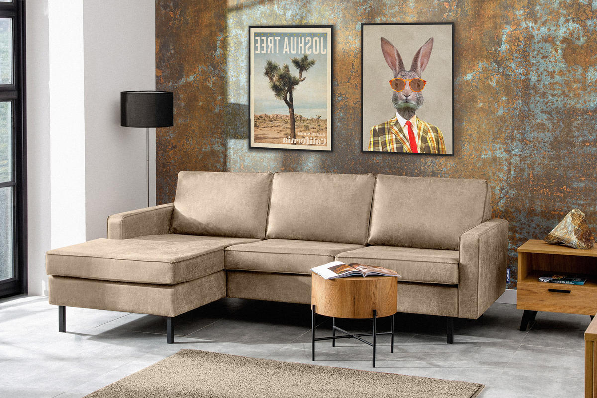 ECKSOFA-LINKS INVIA mit Armlehnen vintage, Lederoptik-Stoff, beige - Beige/Schwarz, Textil (234/160cm) - KONSIMO®