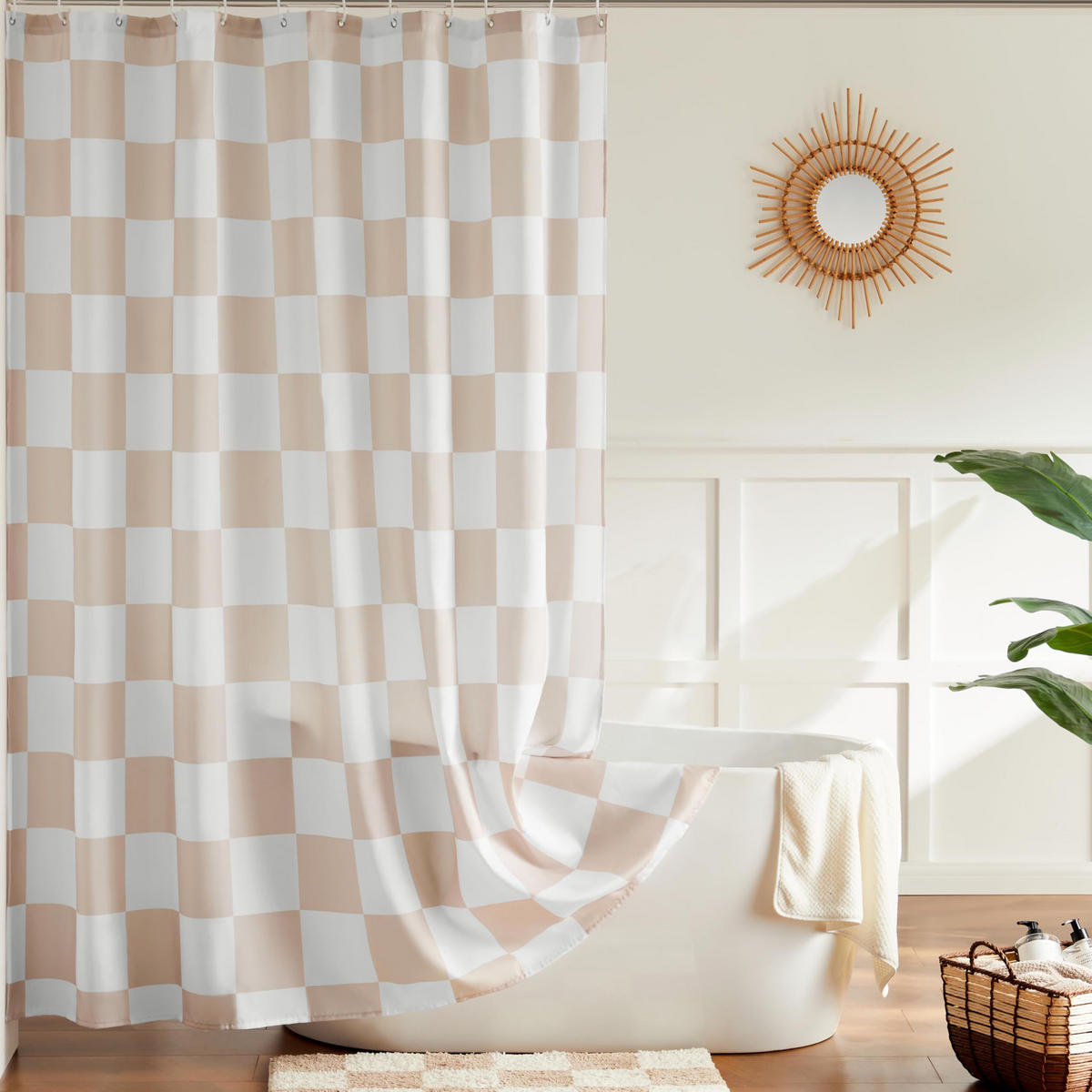 DUSCHVORHANG Khaki kariert Retro Schachbrettmuster maschinenwaschbar - Beige, Textil (180/180cm) - MCBOSON