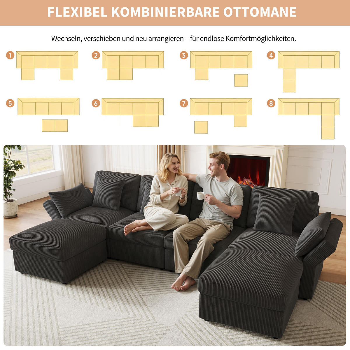 ECKSOFA 290/159,5/89 cm mit verstellbaren Armlehnen, modular und mit Hockern, Cord, Grau - Grau, Textil (290/159.5cm) - Redom