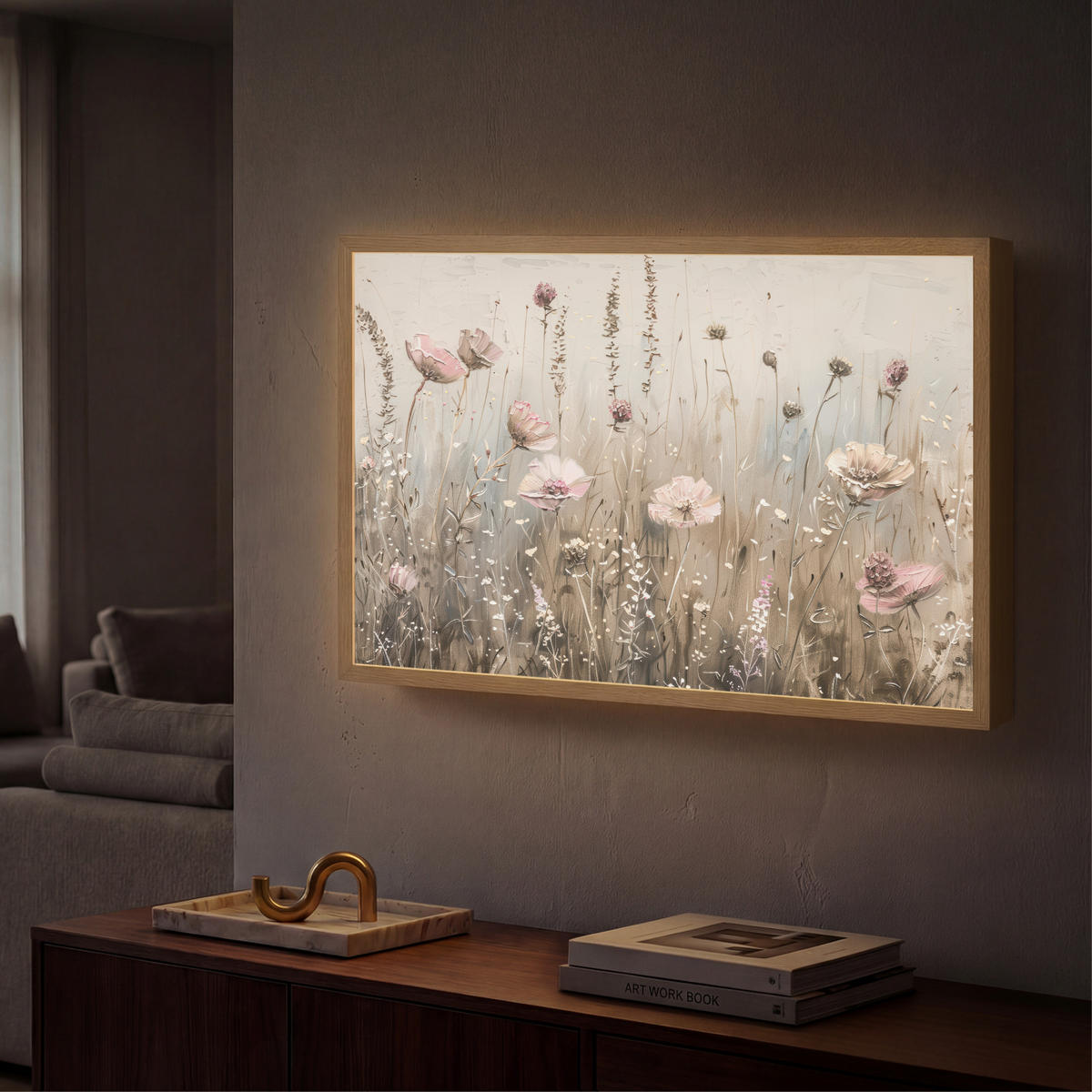 NÁSTĚNNÁ LAMPA S AKUMULÁTOREM Květiny - růžová - moderní - béžová 60x40 cm - starorůžová, kompozitní dřevo (60/40/8cm) - OnlyWow