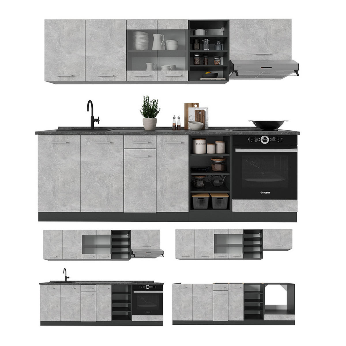 KÜCHENZEILE R-Line Beton/Anthrazit 240 cm , AP Marmor - Schieferfarben/Anthrazit, Holzwerkstoff (240/81.6/60cm) - Vicco