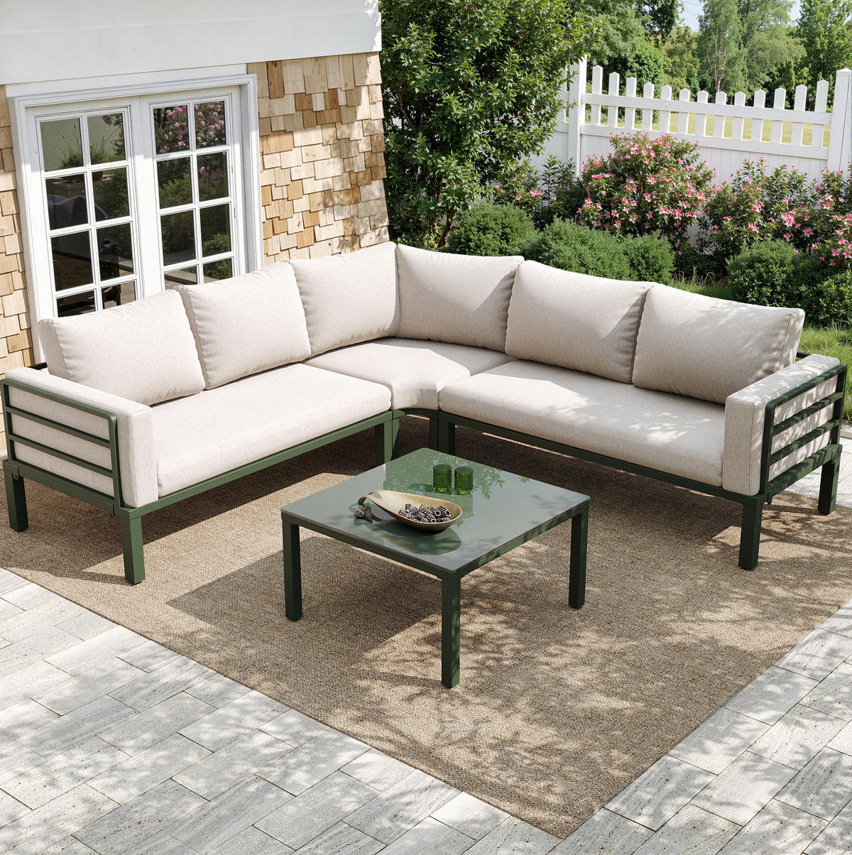 GARTENMÖBEL-SET aus Eisen mit Couchtisch aus gehärtetem Glas, 4-5 Sitzer, 114/60/70,5 cm, Beige - Beige, Metall - Redom