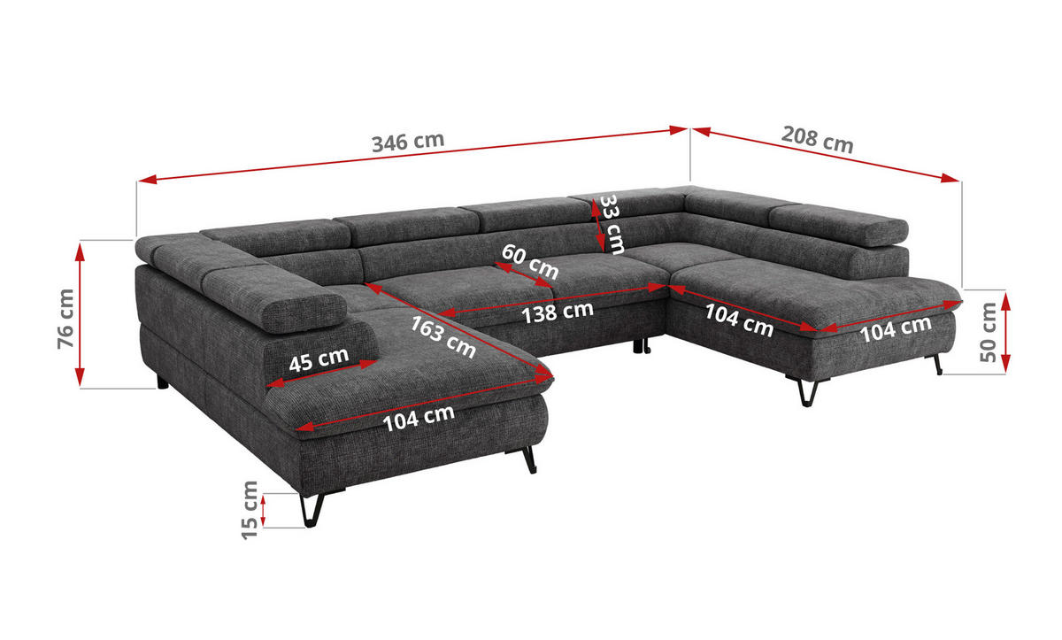 WOHNLANDSCHAFT PABLO U Schenille grob gewebt Grau - Schwarz/Grau, Textil/Metall (346/76/208cm) - MKS