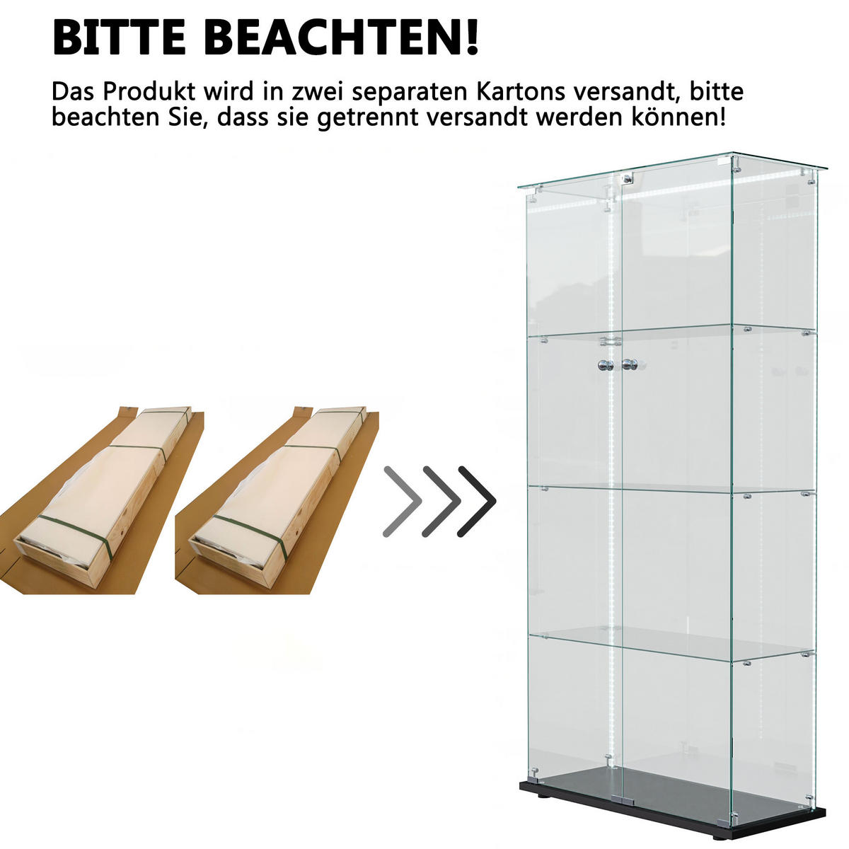 GLASVITRINE, Doppeltüren mit Schloss, 4 Einlegeböden, LED-Lichtleiste, Schwarz - Schwarz, Glas (78.5/163/35cm) - BRILVERDE