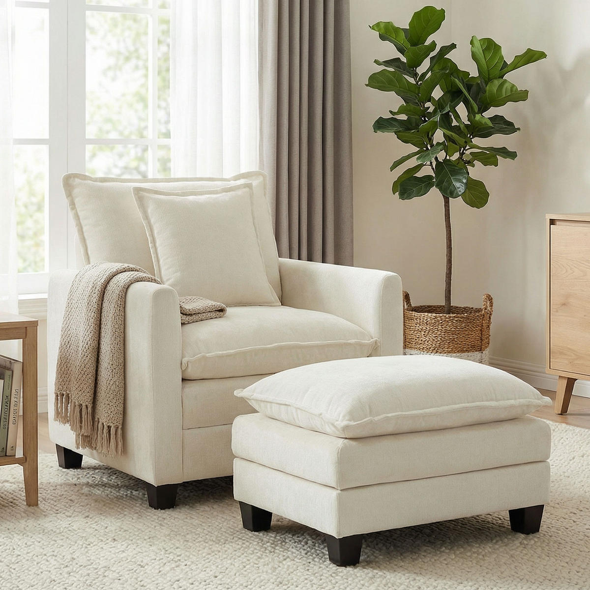 SESSEL DE-13505 mit Fußhocker, breite Sitzfläche, Chenille Creme - Creme, Textil (85/86/128cm) - ComfortXL