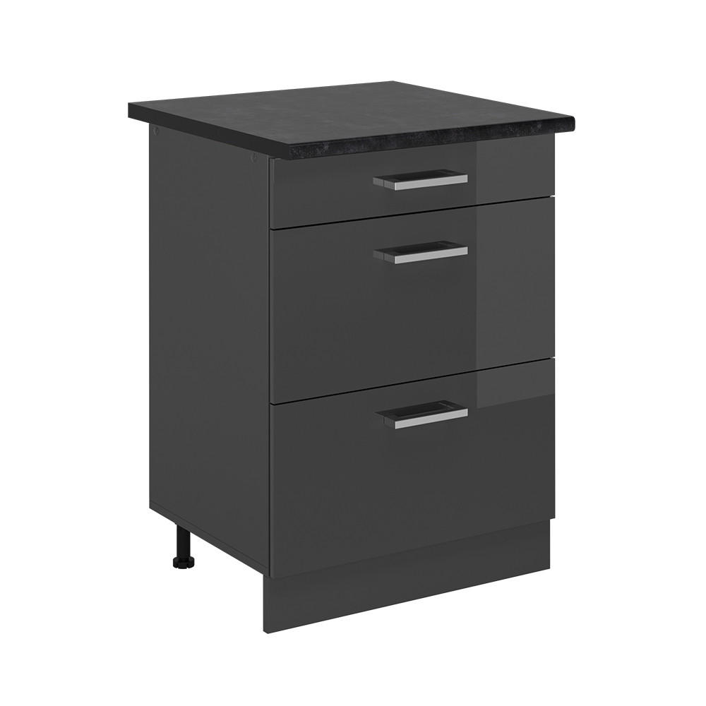 KÜCHENUNTERSCHRANK R-Line Anthrazit Hochglanz 60 cm mit Schubladen, AP Anthrazit - Schwarz Hochglanz/Anthrazit, Holzwerkstoff (60/81.6/60cm) - Vicco