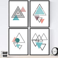 POSTER Set mit 4 Geometrische Nordischer Dreiecken im Pastelltönen A4 Schwarzer Rahmen - Schwarz, Papier (29.7/3cm) - Nacnic