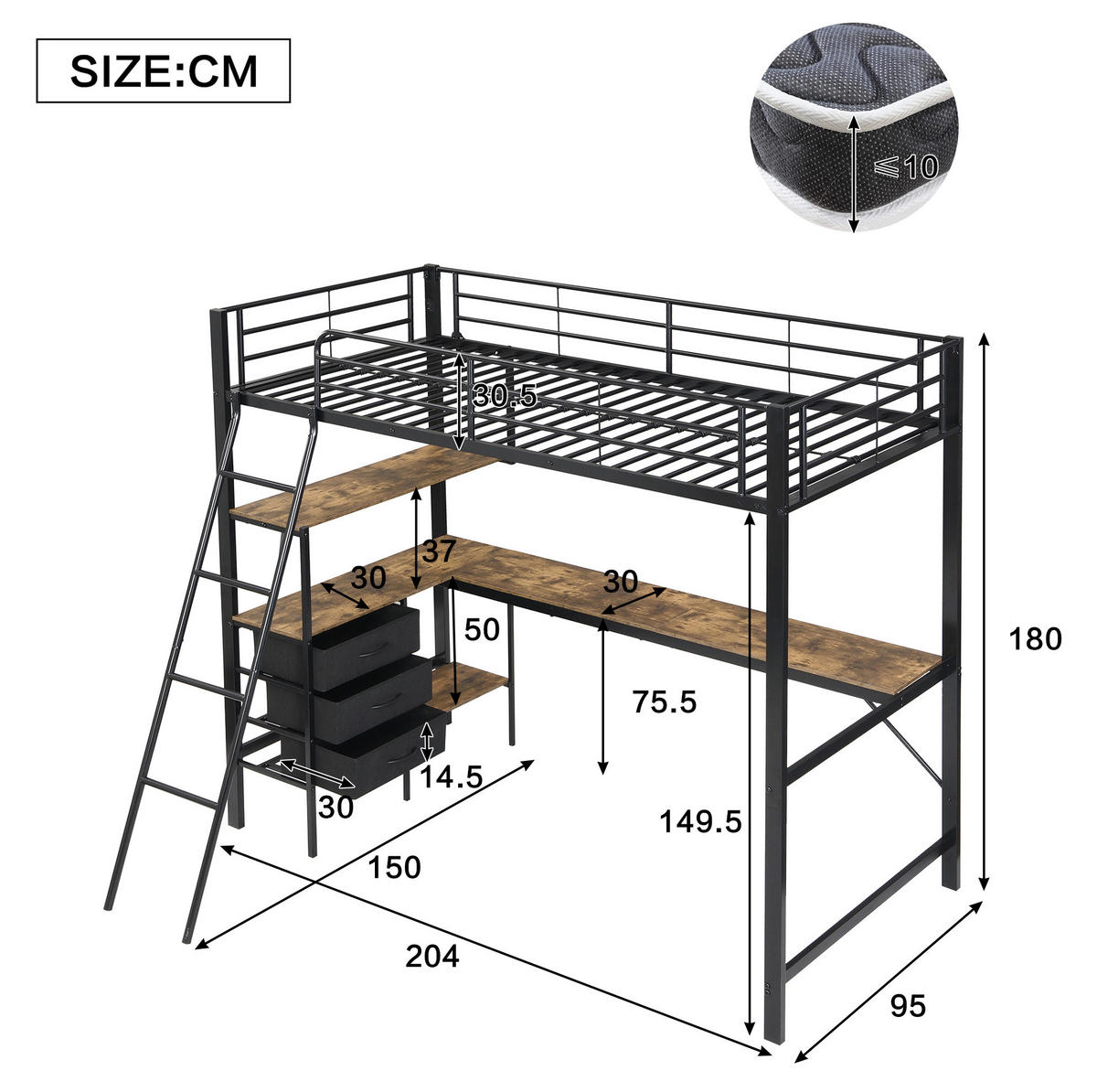 HOCHBETT 90/200 cm mit 2-m-Schreibtisch, 3 Schubladen und schräger Leiter, Schwarz/Dunkle Walnuss - Schwarz, Metall (90/200cm) - Redom