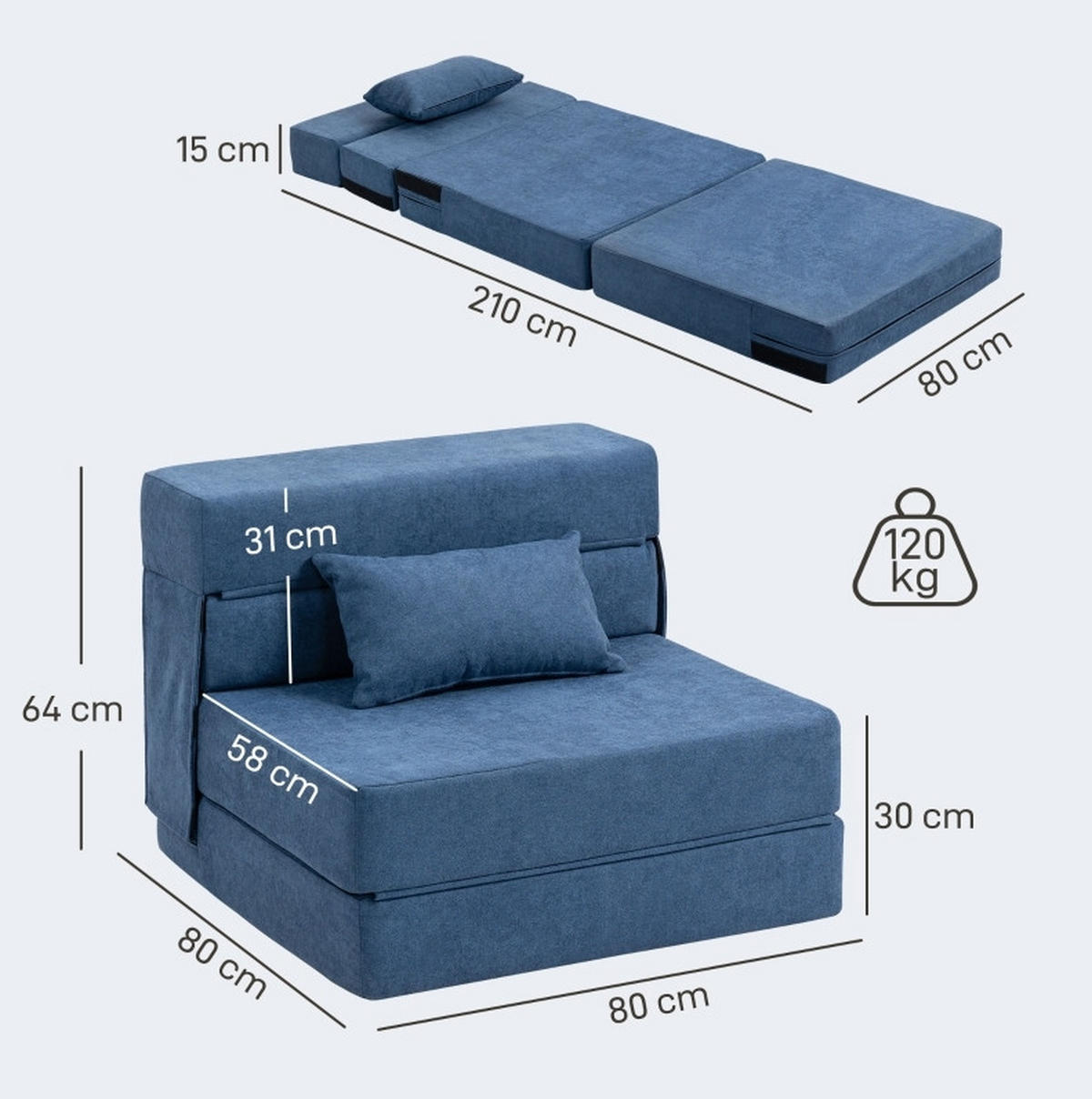 SCHLAFSESSEL in Blau 80x210x15 cm, klappbar mit Kissen - Blau, Kunststoff (210/15/80cm) - IVMEU