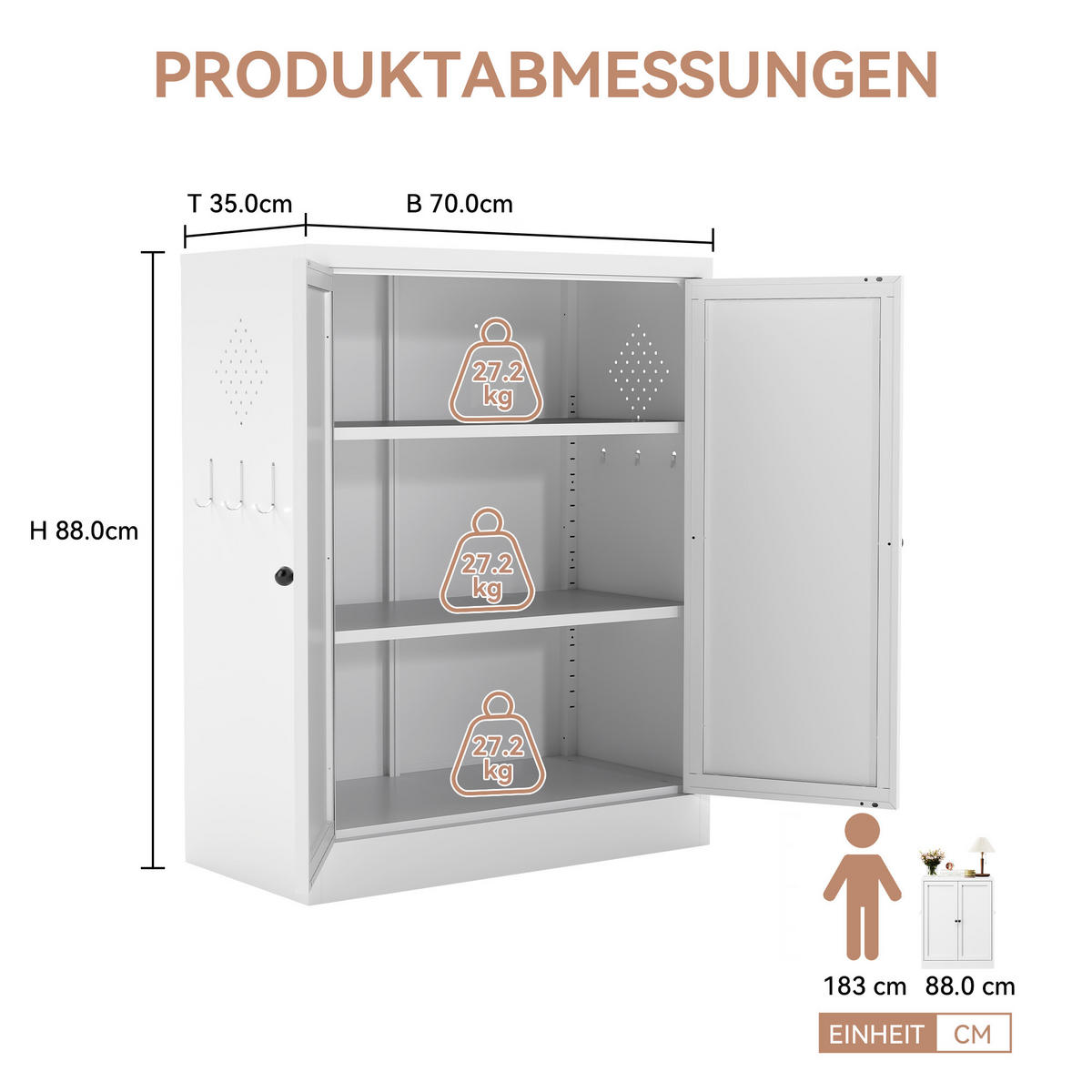 SIDEBOARD 70/35/88 cm aus Metall in Weiß mit 2 Türen & verstellbaren Böden - Weiß, Metall (70/88/35cm) - BEAOK