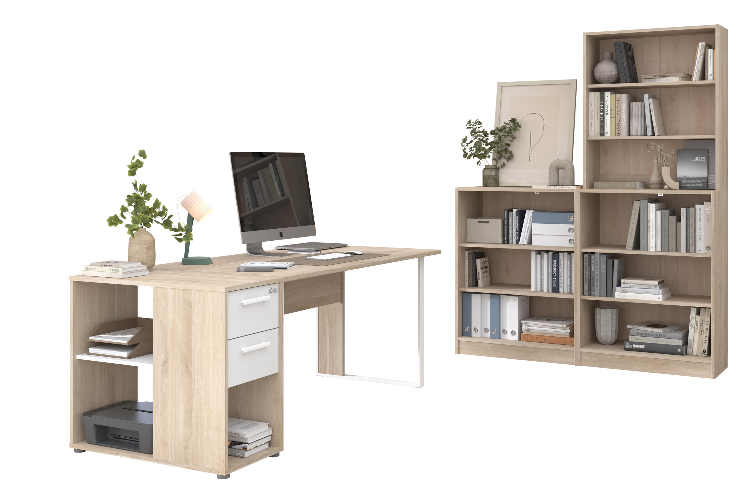 SCHREIBTISCH Büro Start Up 12 in Weiß und Japanischer Eiche – Schreibtisch, Container mit zwei Aktenregalen und Aufsatzregal - Braun, Holzwerkstoff (120/80/200cm)