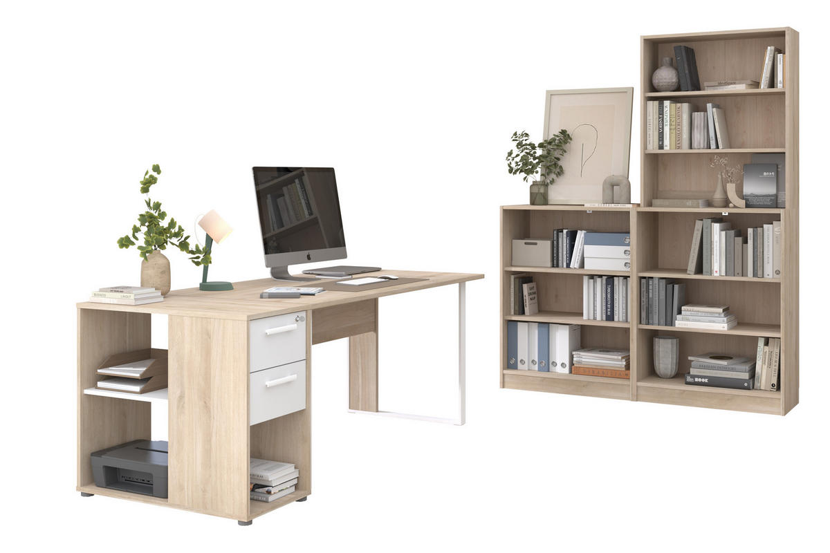 SCHREIBTISCH Büro Start Up 12 in Weiß und Japanischer Eiche – Schreibtisch, Container mit zwei Aktenregalen und Aufsatzregal - Braun, Holzwerkstoff (120/80/200cm)
