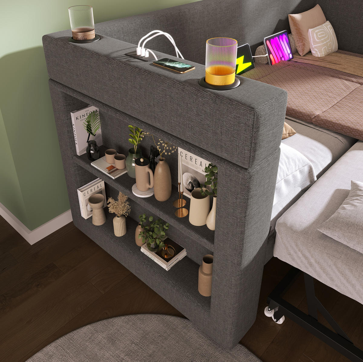 BETT 90/190 cm in Grau mit USB- und Type-C-Anschlüssen und Getränkehaltern - Grau, Textil (90/190cm) - Flora Grace