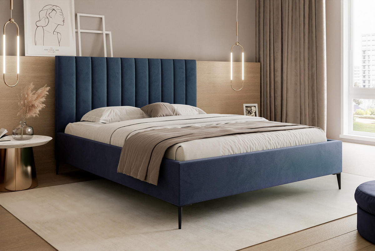 POLSTERBETT Mona SLIM III Polsterbett für Ihr Schlafzimmer in VELUTTO Stoff - 120x200 cm Blau - Blau/Schwarz, Holz/Holzwerkstoff (120/200cm) - DomoHome
