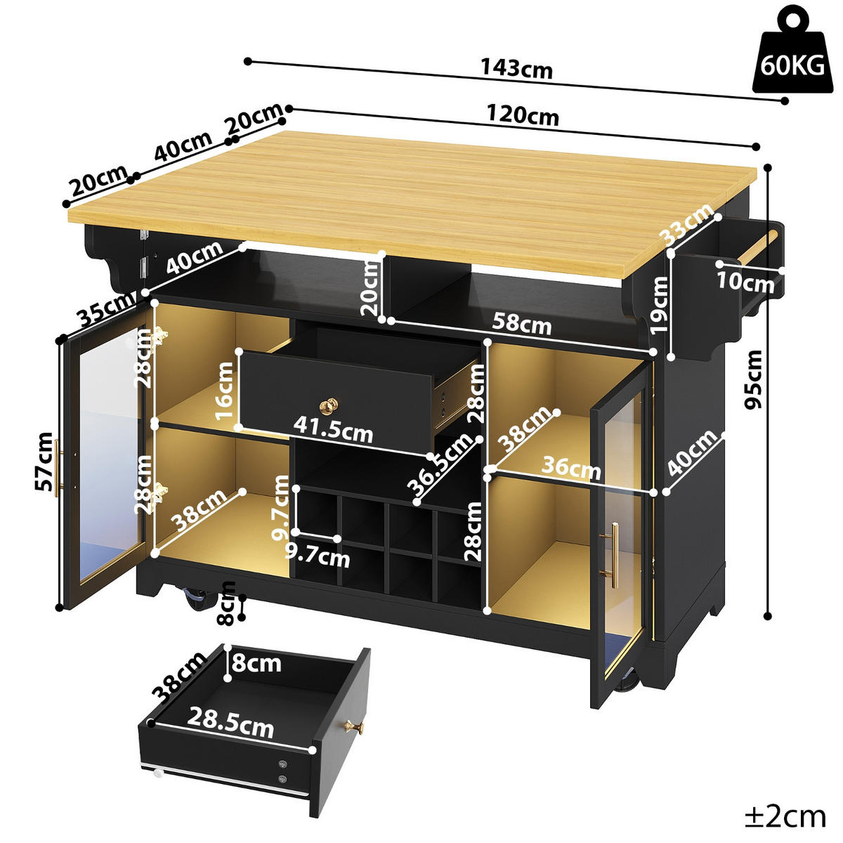 KÜCHENINSEL BEIDSEITIG AUSKLAPPBAR, Mit RGB LED Beleuchtung, 120/80/95 cm - Schwarz, Holzwerkstoff (80/95/120cm) - Rolipo