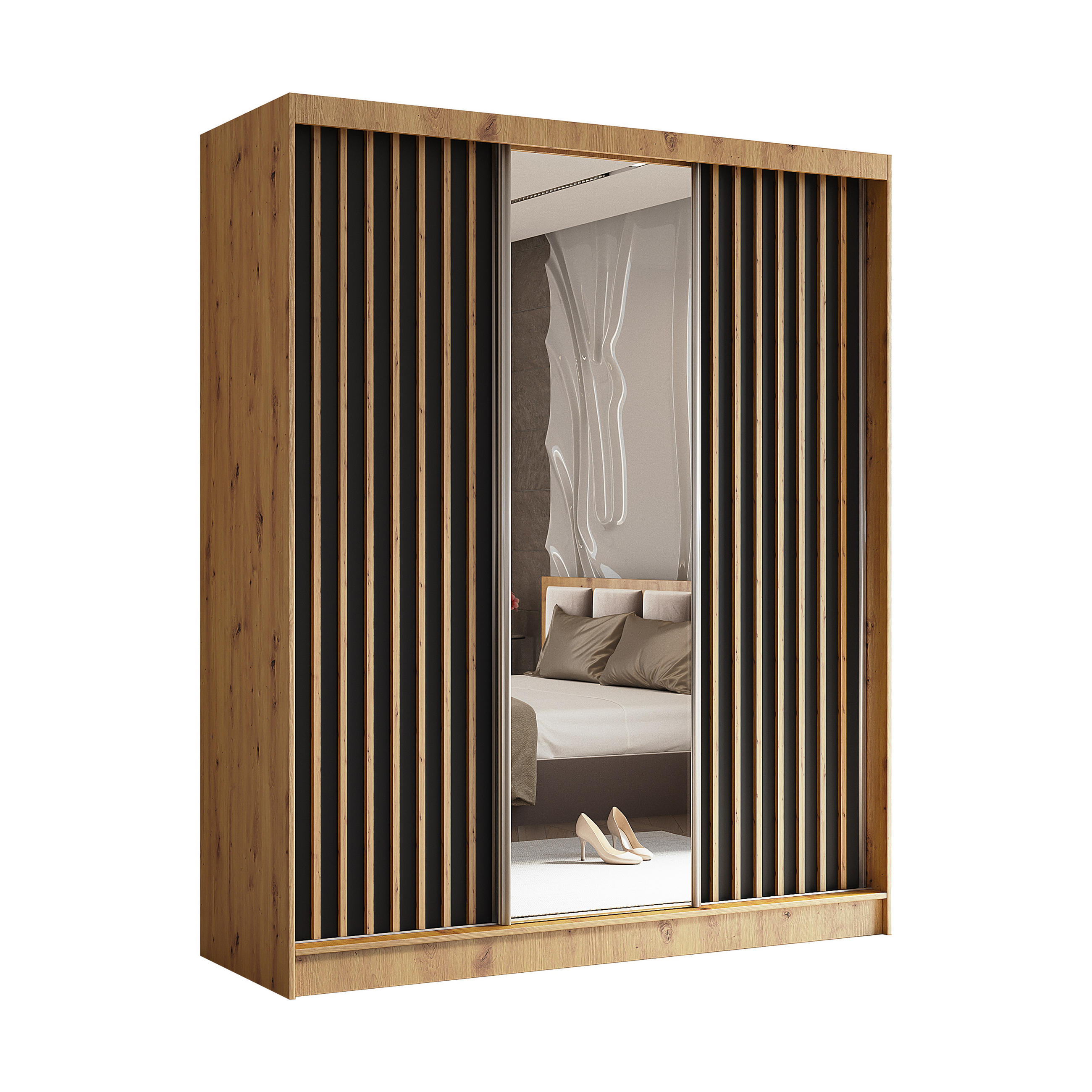 SCHWEBETÜRENSCHRANK LAMELLO 180/216/61 cm 3-türig mit Spiegel Eiche Artisan - Schwarz/Eiche Artisan, Holzwerkstoff (180/216/61cm) - MASSENO