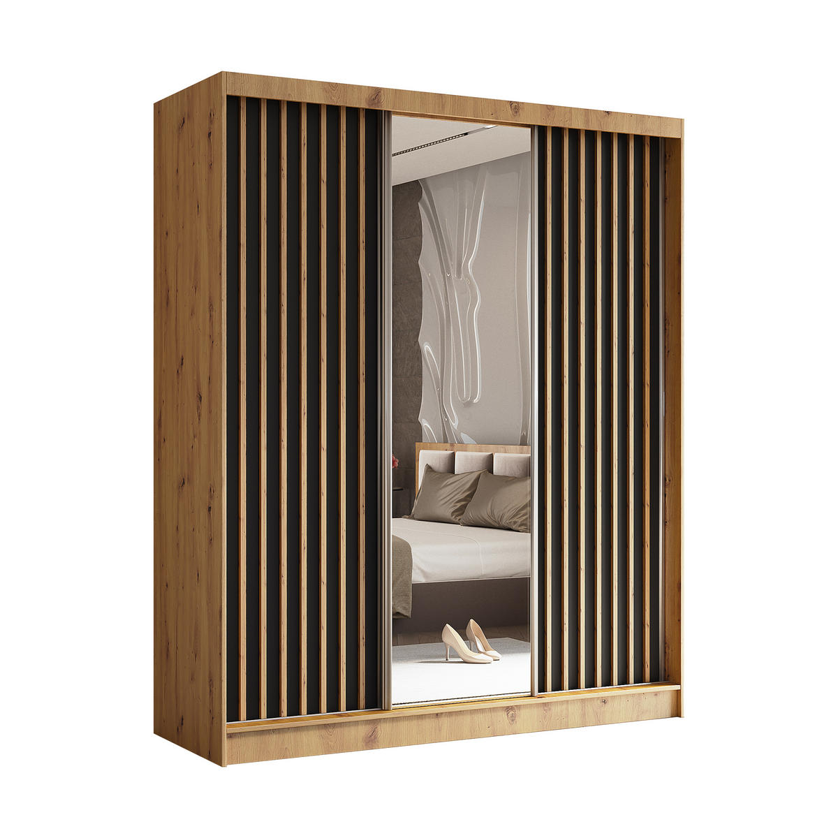 SCHWEBETÜRENSCHRANK LAMELLO 180/216/61 cm 3-türig mit Spiegel Eiche Artisan - Schwarz/Eiche Artisan, Holzwerkstoff (180/216/61cm) - MASSENO