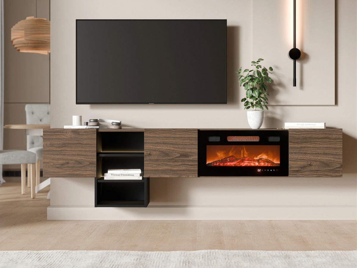 TV-LOWBOARD Teo mit Kamin - Nussbaumfarben/Schwarz, Holzwerkstoff (200/53/32cm) - MIRJAN24
