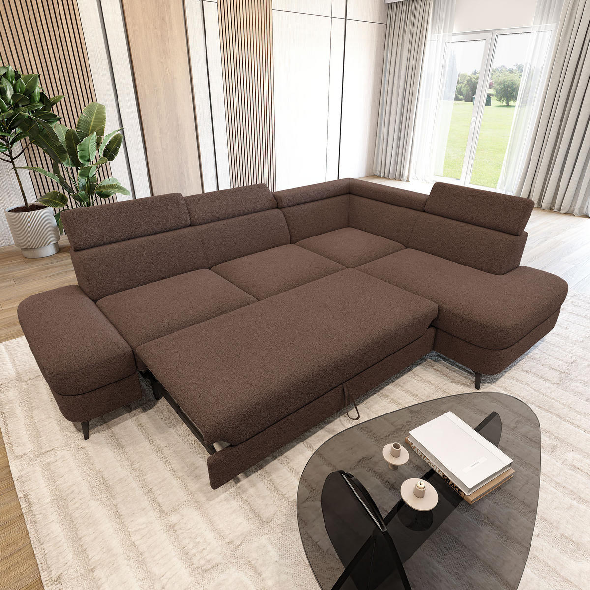 ECKSOFA AVISE Q R-S Braun Boucle-Stoff mit Schlaffunktion - Braun, Holzwerkstoff/Textil (268/195cm) - MASSENO