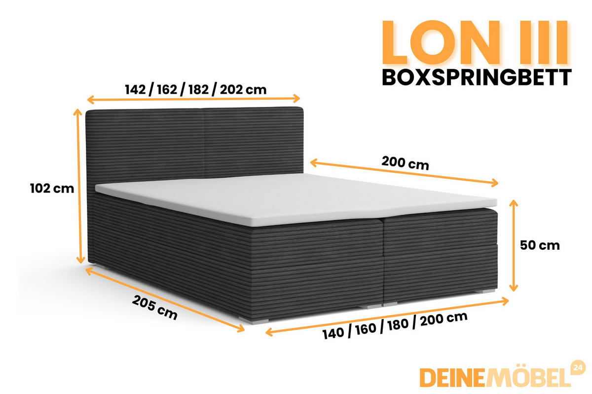 BOXBETT LON III 200/200 in Cord Anthrazit H3 - Anthrazit, Holz/Holzwerkstoff (200/200cm) - Deine Möbel 24