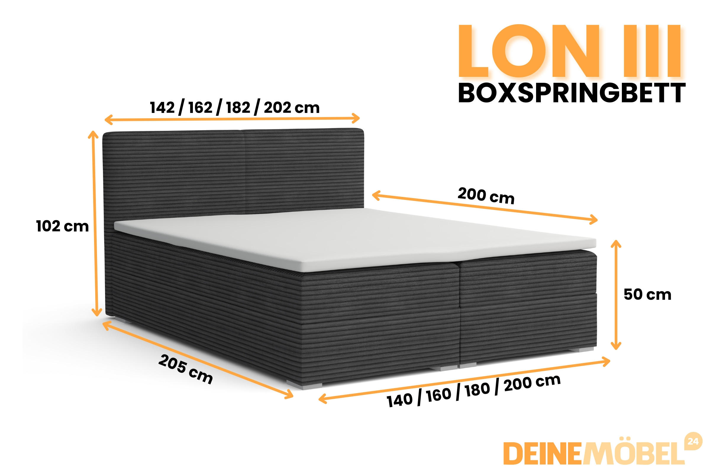 Thumbnail - Deine Möbel 24 Boxbett, Anthrazit, Holz, Holzwerkstoff, Textil, H3, 180x200 cm, Schlafzimmer, Betten, Boxspringbetten