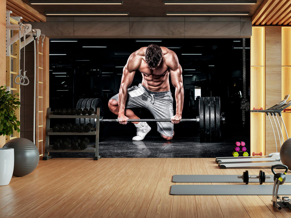 FOTOTAPETE Muskulöser Mann Fitnessstudio Training Sport 250x175 - Beige/Schwarz, Papier (250/175cm) - Muralo