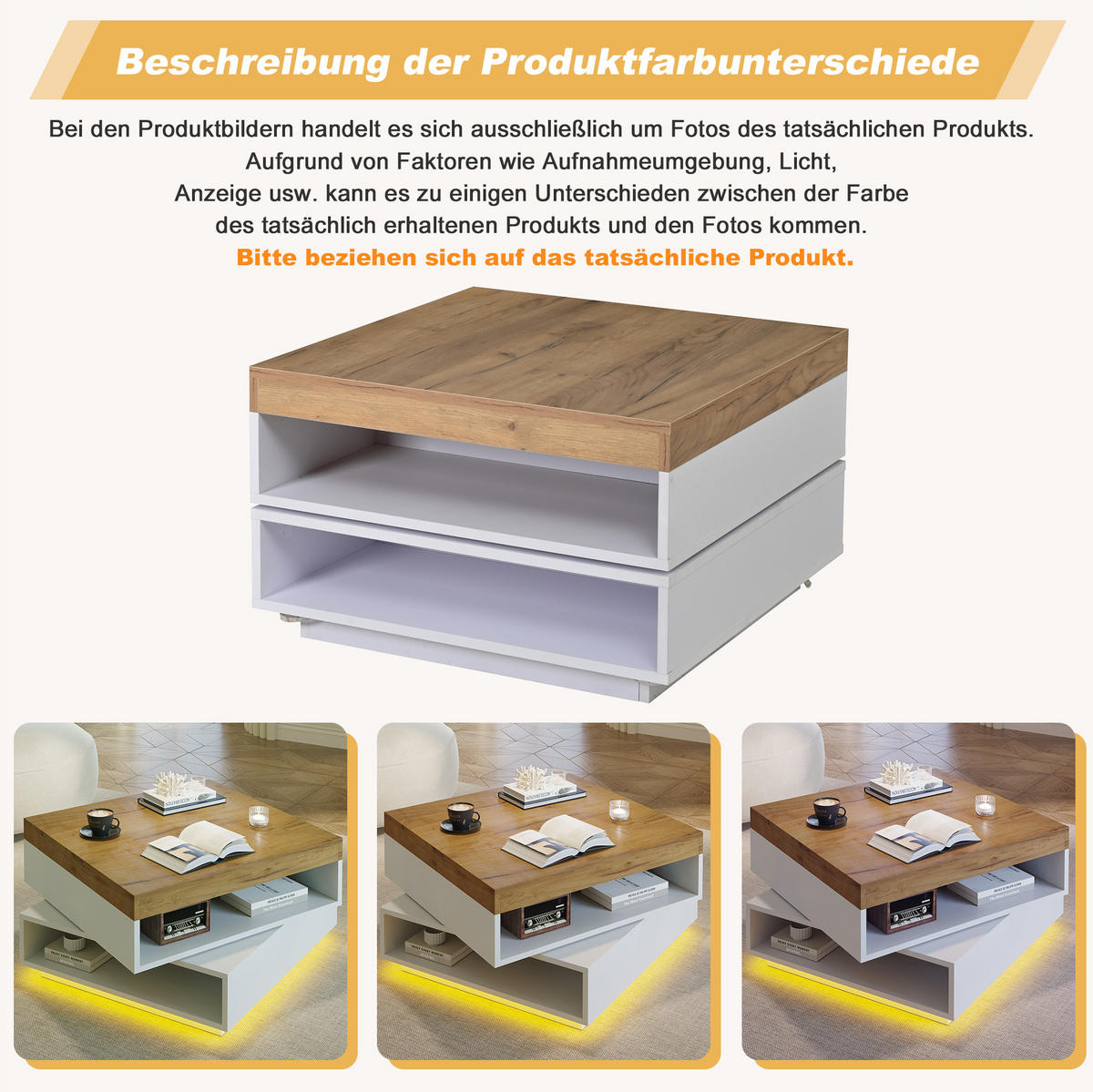COUCHTISCH aus MDF 65x65x40 cm in Eichefarben mit LED-Beleuchtung - Eichefarben, Holzwerkstoff (65/65/40cm) - Modfu