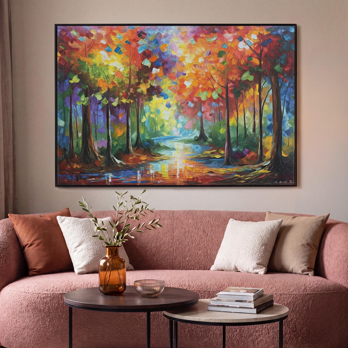 LEINWAND Bilder mit Rahmen - Landschaft - Wald - Farben - Natur - 150x100 - Multicolor, Textil (150/100cm) - MuchoWow