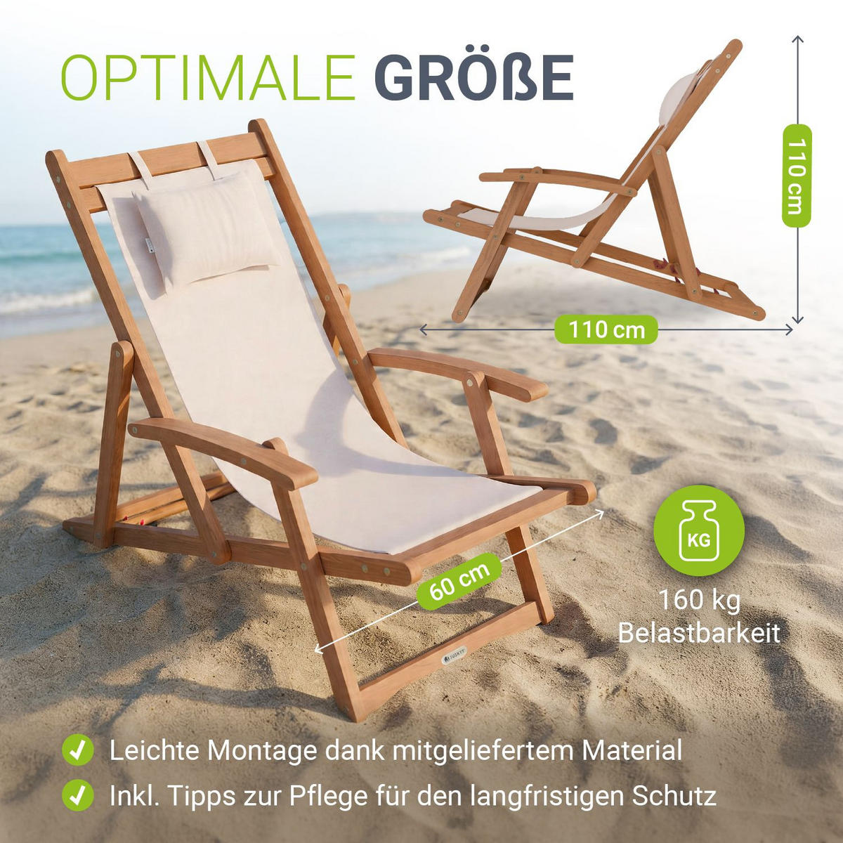 SONNENLIEGE Tavira Akazie creme klappbar 2er-Set - Creme, Holz (60/110/110cm) - Juskys