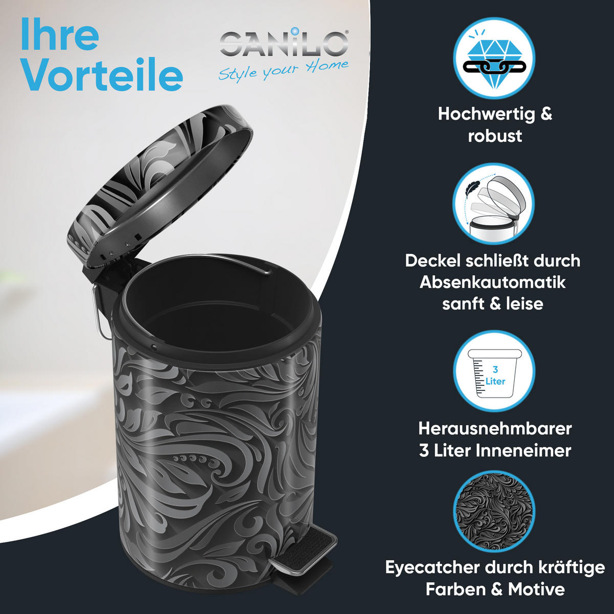 KOSMETIKEIMER Floral - Schwarz/Grau, Kunststoff/Metall (17/25/25cm) - Sanilo