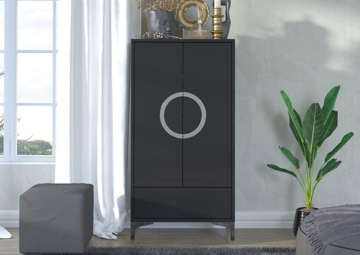 HIGHBOARD Eva, Schwarz, Silberne Akzente, Hochglanz - Schwarz Hochglanz/Silberfarben, Holzwerkstoff/Metall (60/120/38cm) - Kayani