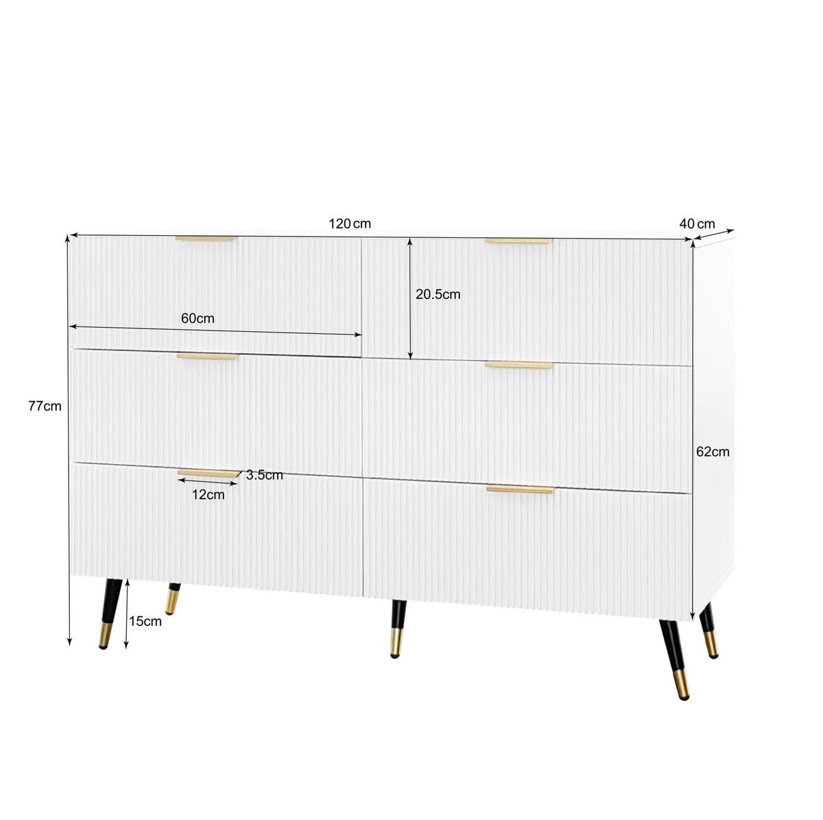 SIDEBOARD 120/77/40 cm Weiß aus Spanplatte mit 6 Schubladen - Weiß, Holzwerkstoff (40/77/120cm) - OKMYHOME