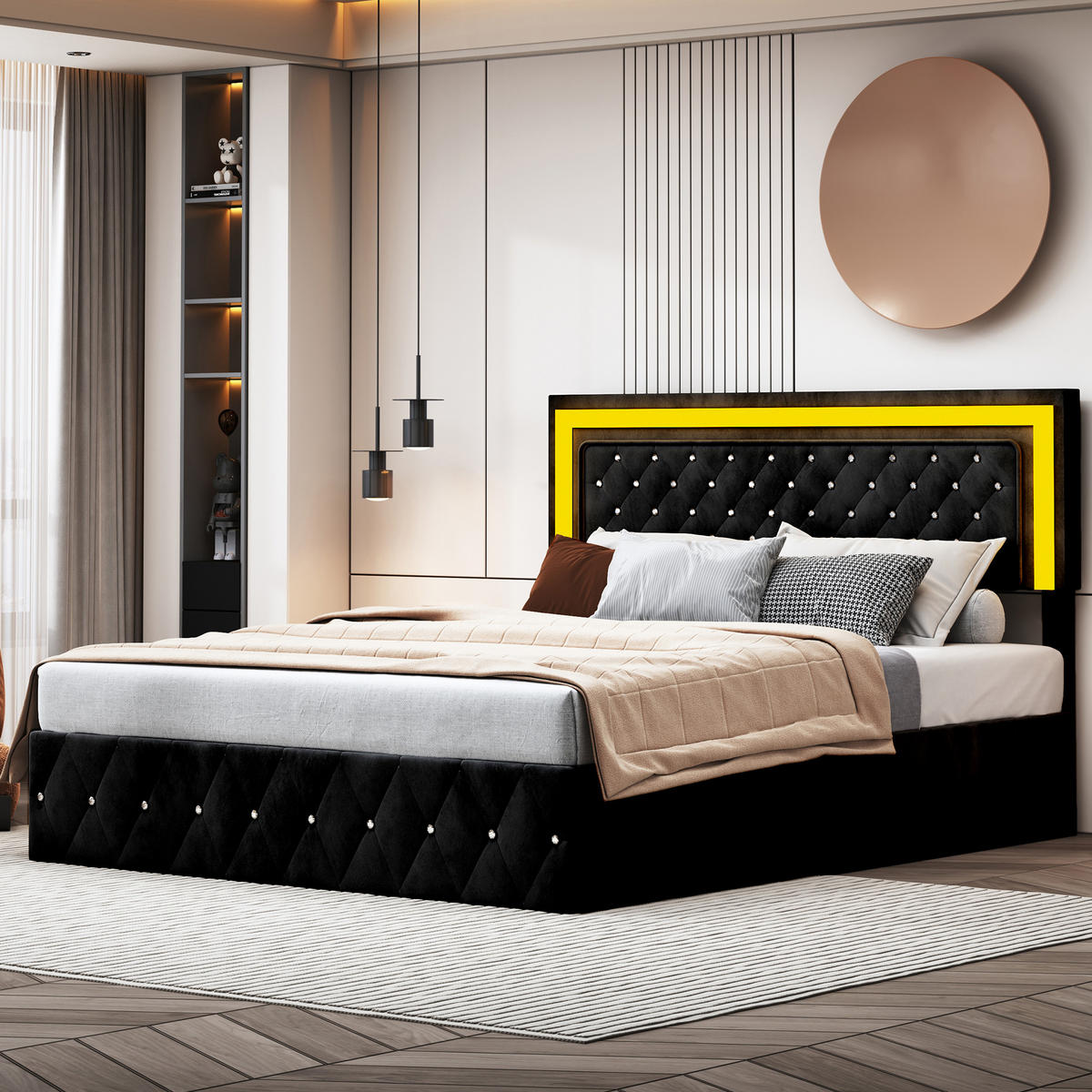 BETT 160x200 cm mit LED, Doppelbett 160x200 cm mit Bettkasten, Lattenrost, Polsterbett Skandinavisches Design, Schwarz Samt - Schwarz, Metall (160/200cm) - GENKI LIVING