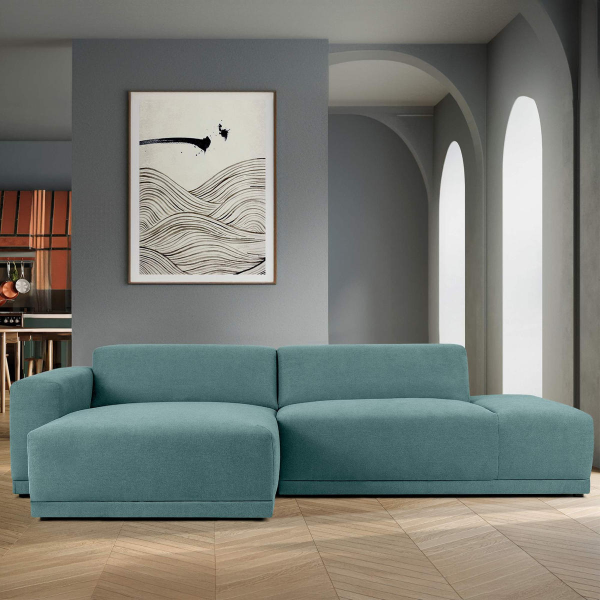 ECKSOFA LINKS MUDI in moderner Optik mit hochwertigem Kaltschaum, Cord-Stoff, Himmelblau - Blau/Schwarz, Textil (280/160cm) - KONSIMO®