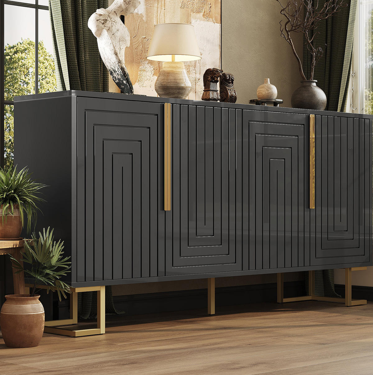 SIDEBOARD 152/40/75 cm aus MDF mit geometrischer Front und goldfarbenen Metallfüßen Schwarz - Schwarz, Holzwerkstoff (152/75/40cm) - Modenvie