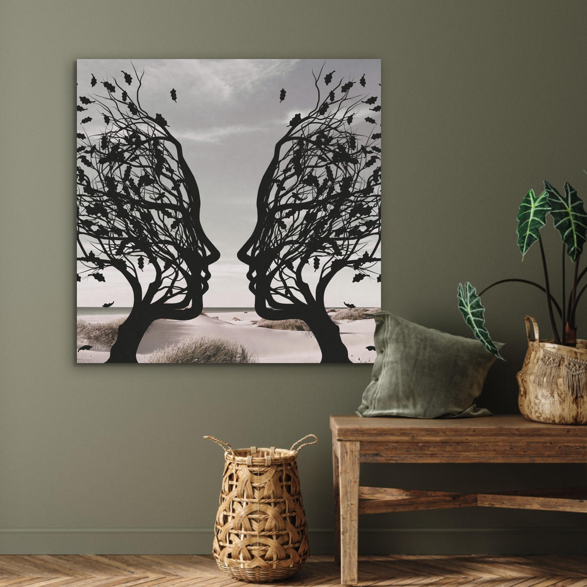 AKUSTIKPANEEL Strand - Meer - Menschen - Baum - Moderne Kunst 90x90 cm - Hellgrau, Textil (90/0.9/90cm) - MuchoWow
