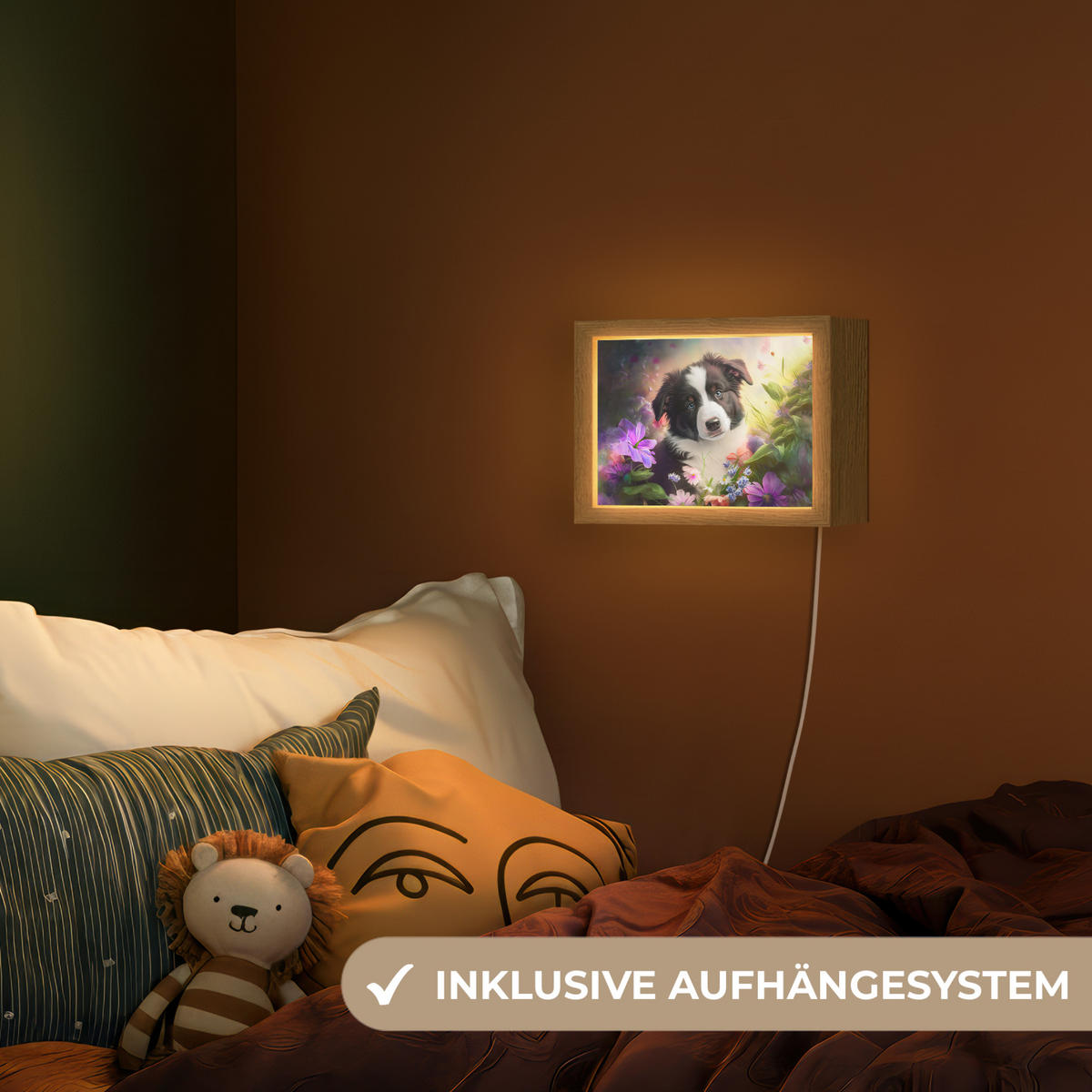 NACHTTISCHLAMPE Welpe - Sonne - Blumen - Natur - Border Collie - Hund 20x15 cm - Violett, Holzwerkstoff (8/20/15cm)