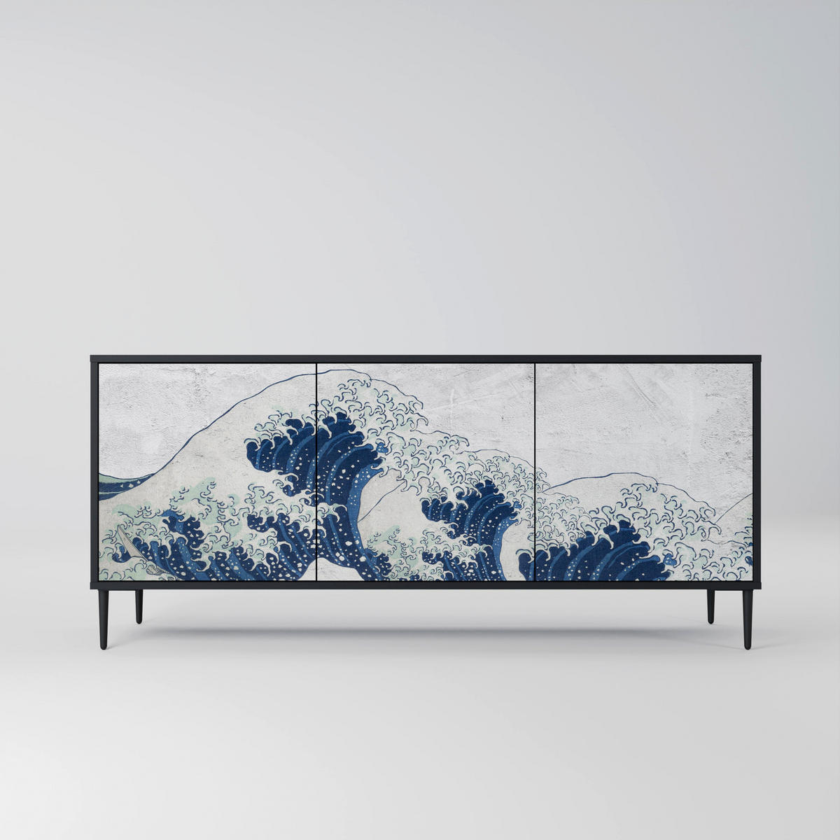 SIDEBOARD THE GREAT WAVE AT KANAGAWA, Eicheneffekt, 164,5x42x77,5 cm, 3 Türen - Eichefarben/Buchefarben, Holzwerkstoff/Buchenholz (164.5/77.5/42cm) - SpaceRebels