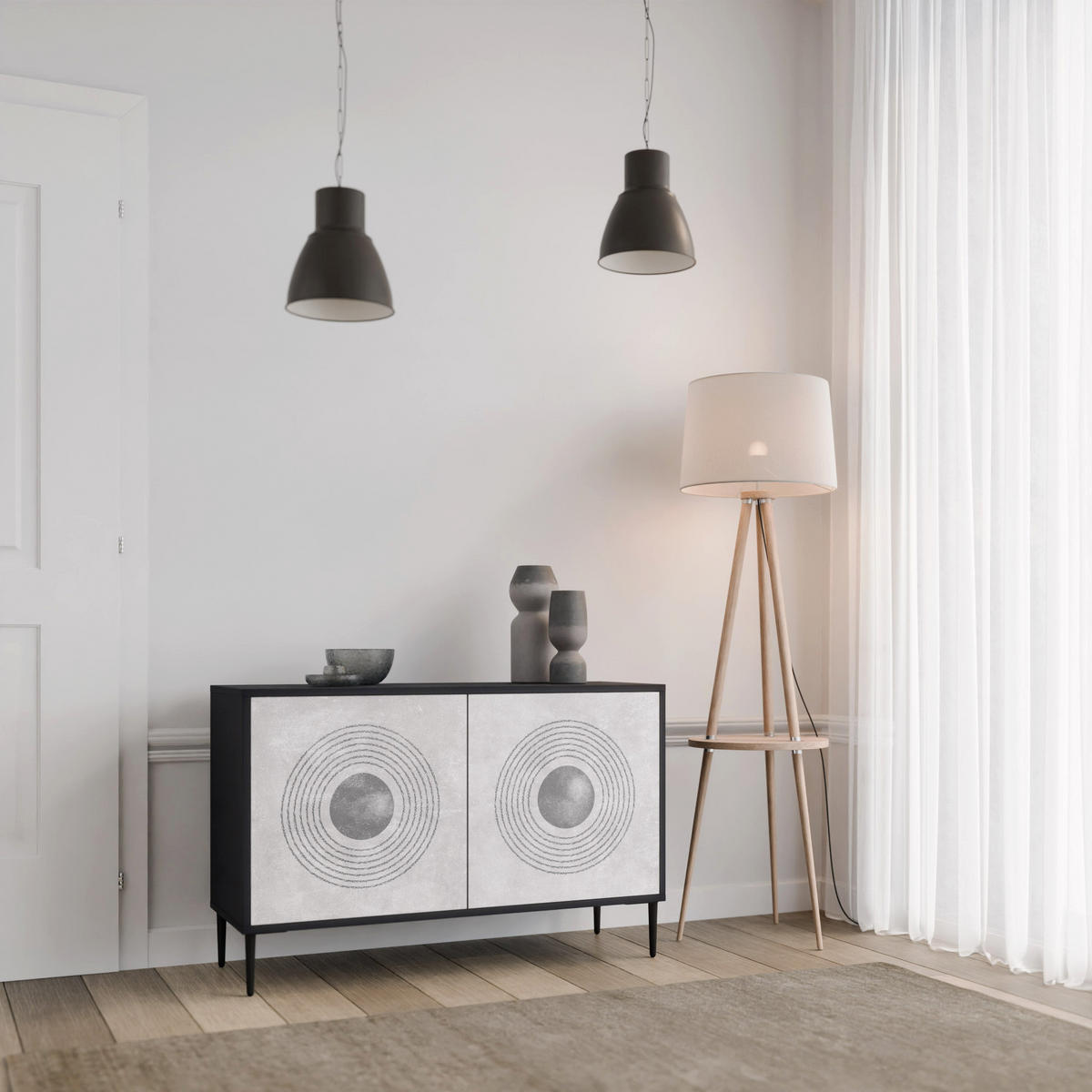 SIDEBOARD SOLID CIRCLES, Eicheneffekt, 111x42x77,5 cm, 2 Türen - Eichefarben/Buchefarben, Holzwerkstoff/Buchenholz (111/77.5/42cm) - SpaceRebels