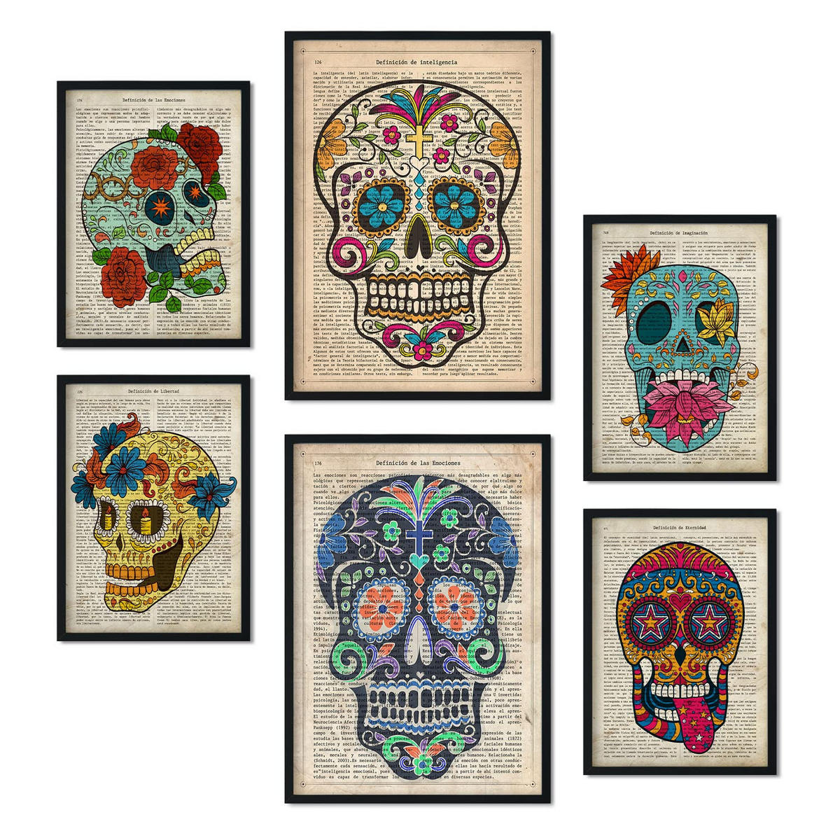 POSTER Set Mit 6 Vintage Skulls Sammlung A3 & A4 Schwarzer Rahmen - Schwarz, Papier (29/3cm) - Nacnic