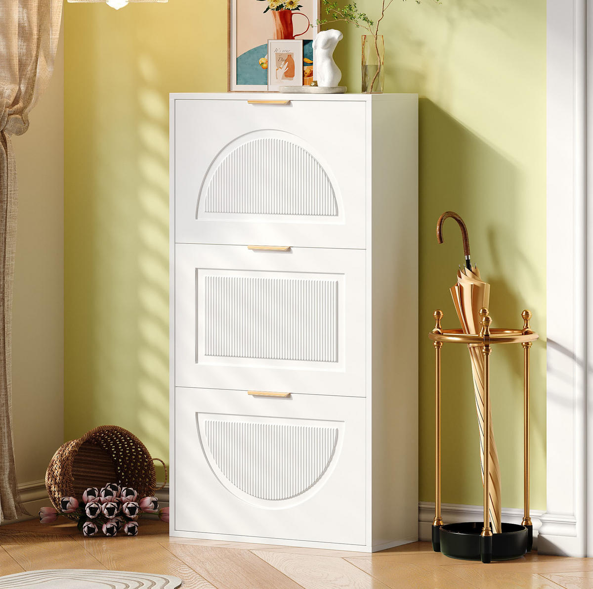 SCHUHSCHRANK 60/24/114 cm in Weiß mit 3 Klappen und verstellbaren Böden - Weiß, Holzwerkstoff (60/114/24cm) - Flora Grace