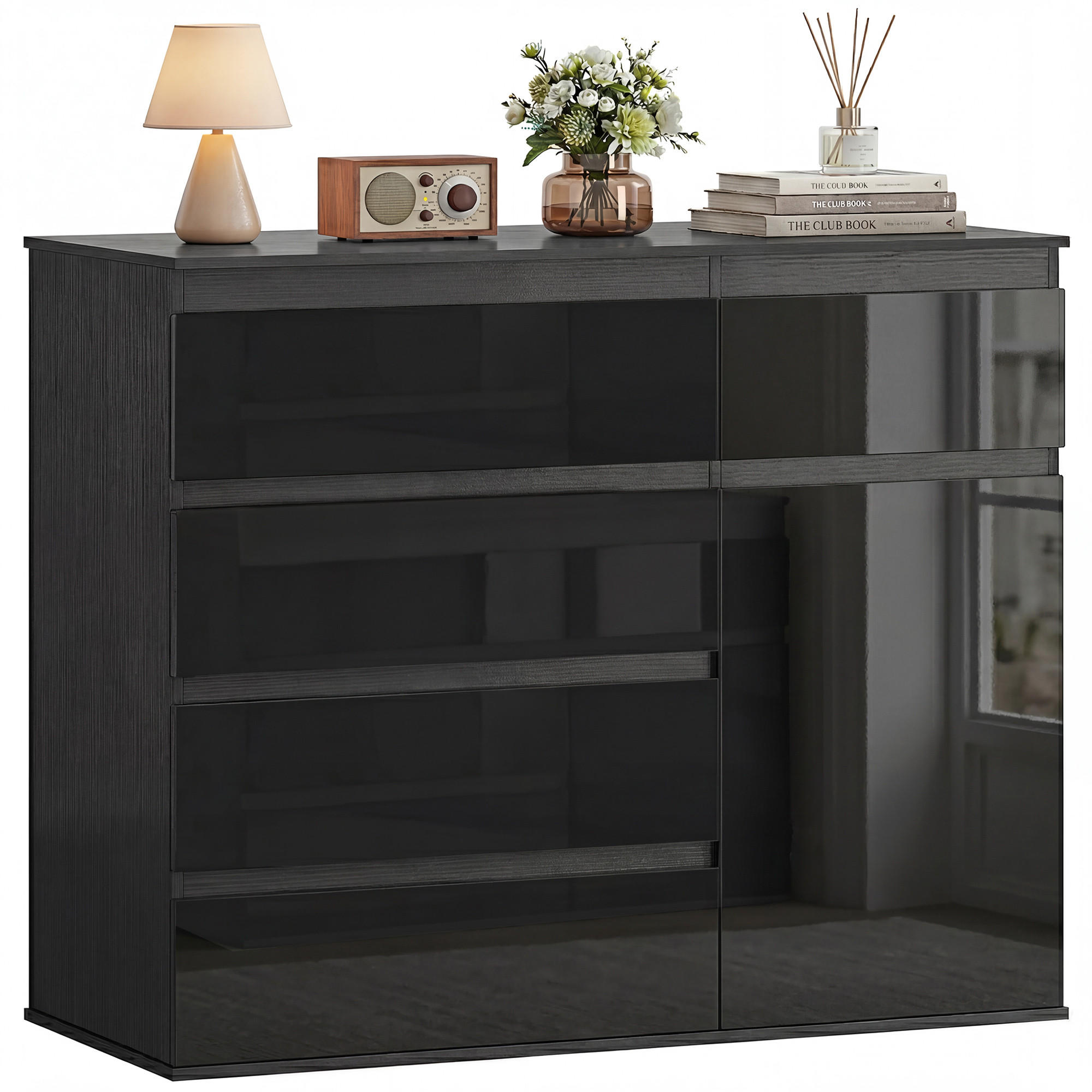 SIDEBOARD Schwarz Hochglanz mit 5 Schubladen und Soft-Close-Tür - Schwarz, Holzwerkstoff (100/80/40cm) - PANGIVO