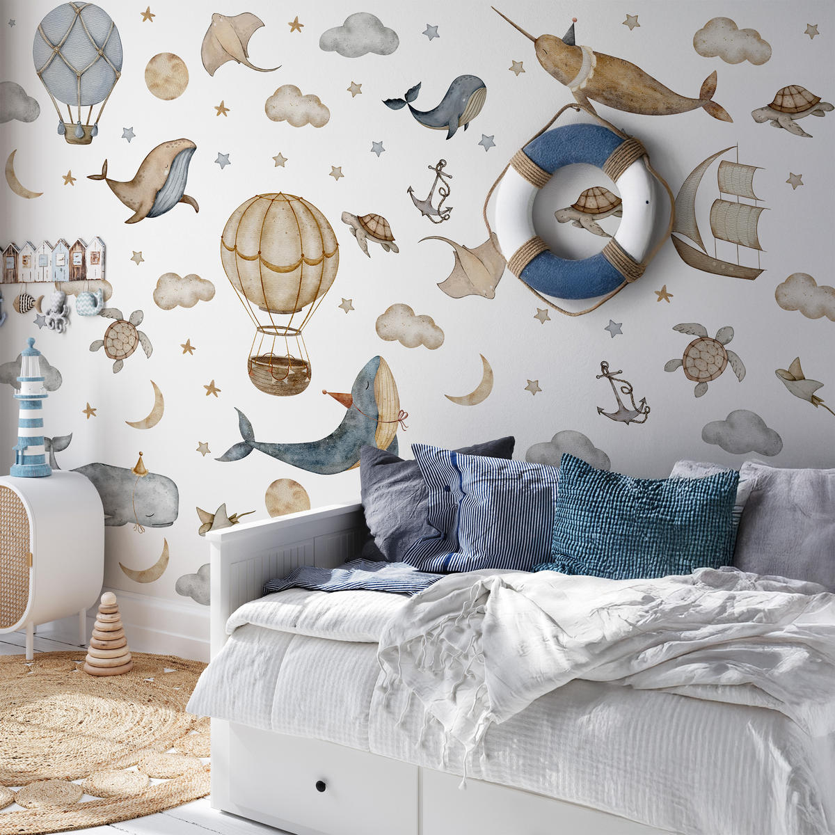 WANDSTICKER SET Wale Schildkröten Wolken Luftballons Sterne 120x60 - Beige/Braun, Papier (120/60/1cm) - Muralo