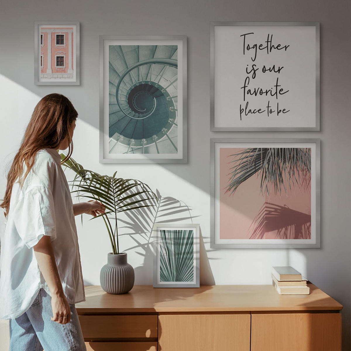 BILDER SET 5er Set - 50x50 cm & 20x30 cm & 40x60 cm Silberner Rahmen - Architektur-Pastellmuster - Silberfarben, Kunststoff (40/60cm) - TULUP