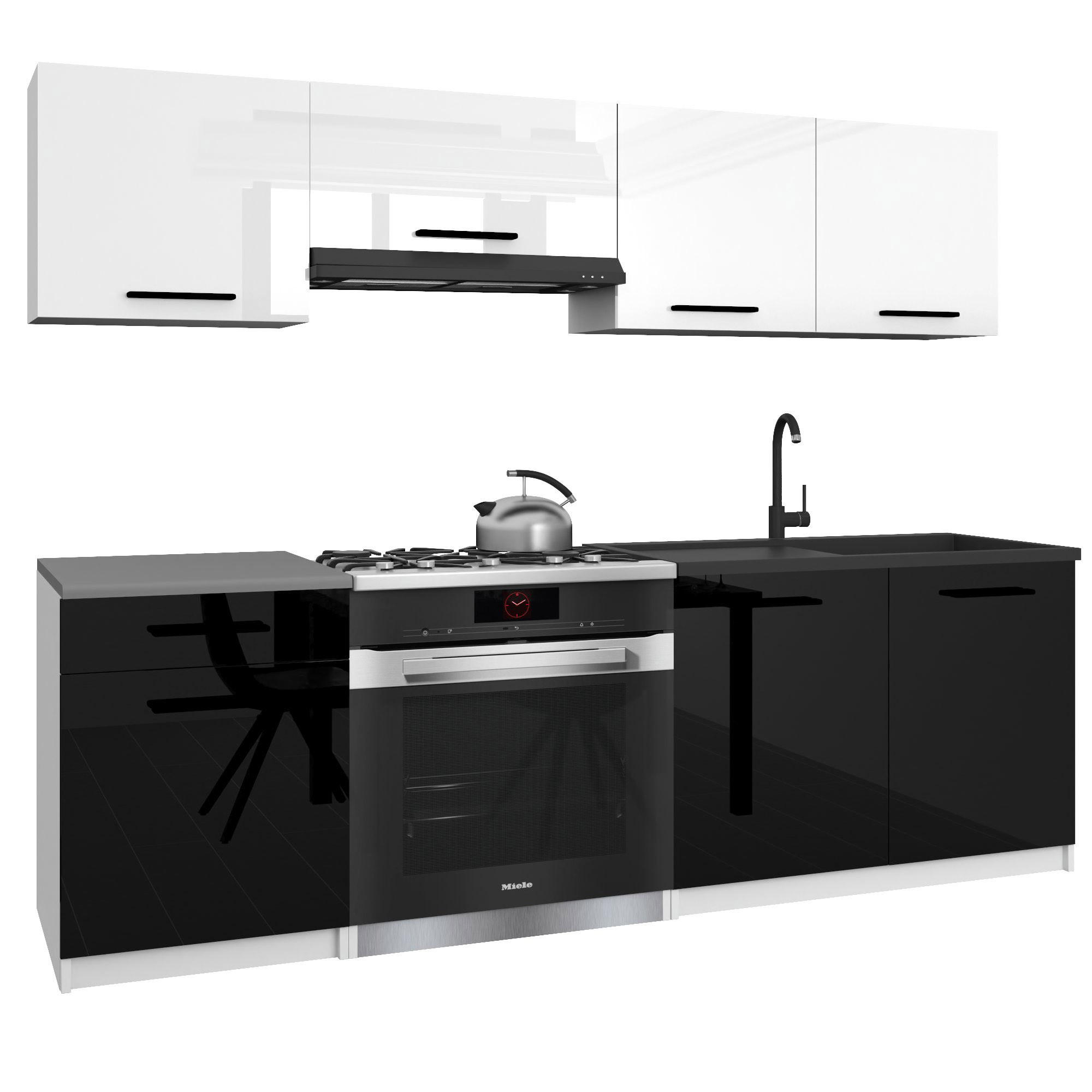 KÜCHENZEILE Italia 1 180 cm, mit Arbeitsplatten, Weiß-Schwarz Hochglanz - Schwarz Hochglanz/Weiß, Holz (180/143/60cm) - B BELINI GROUP