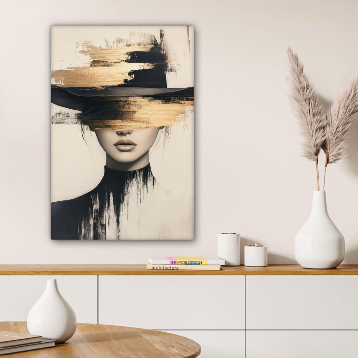 LEINWANDBILD Frau - Hut - Farbe Wanddeko 40x60 cm - Goldfarben, Textil (40/60cm) - MuchoWow