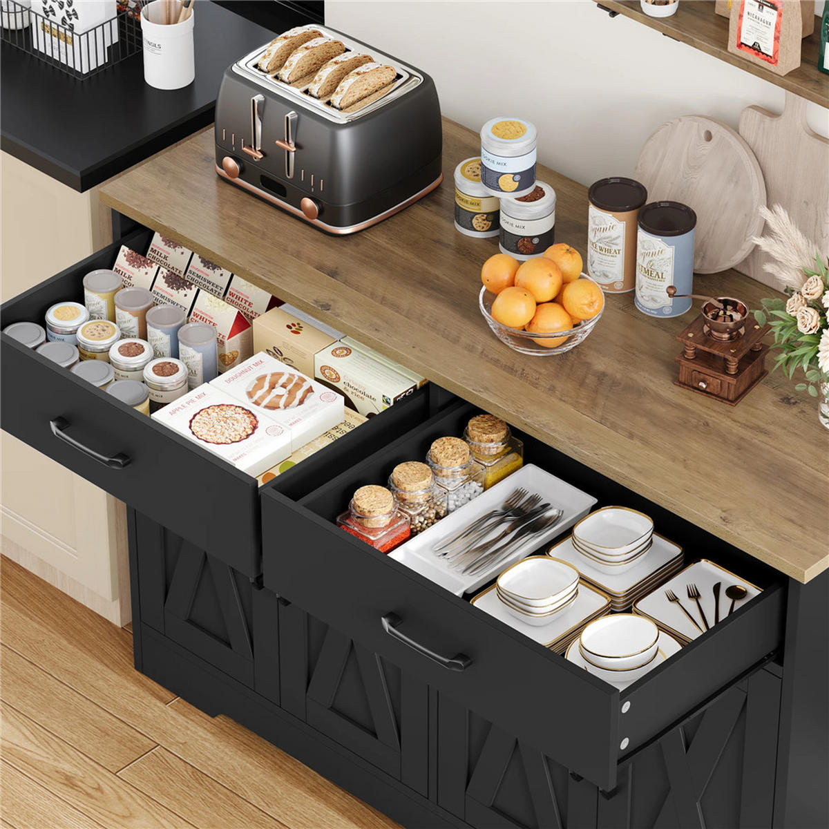SIDEBOARD 120x81x40 cm Küchenschrank 2 Schubladen Schwarz - Schwarz, Holz (120/81/40cm) - Kaket